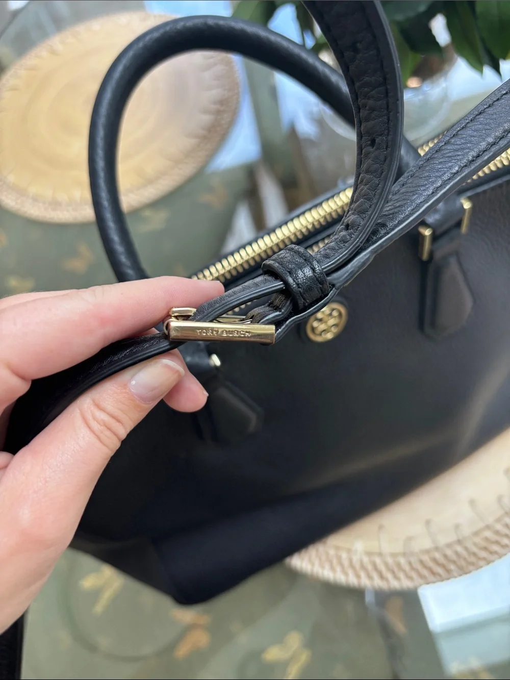 Tory Burch Robinson Double Zip Black Pebbled Leather Satchel Gold Hardware $575